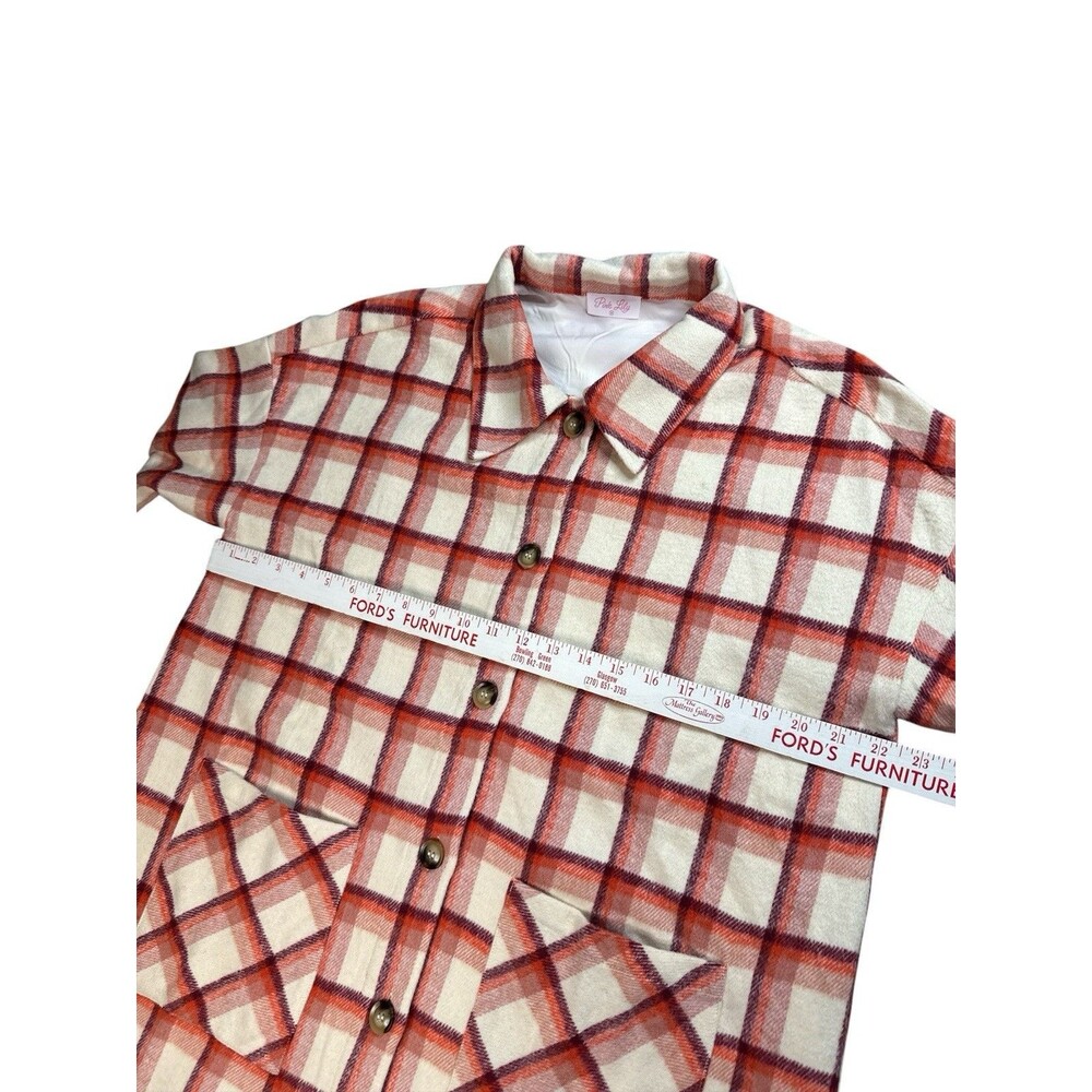 Cream Burgundy Plaid Shacket Flannel Button Front Long Sleeve Medium Streetwear - Picture 5 of 9